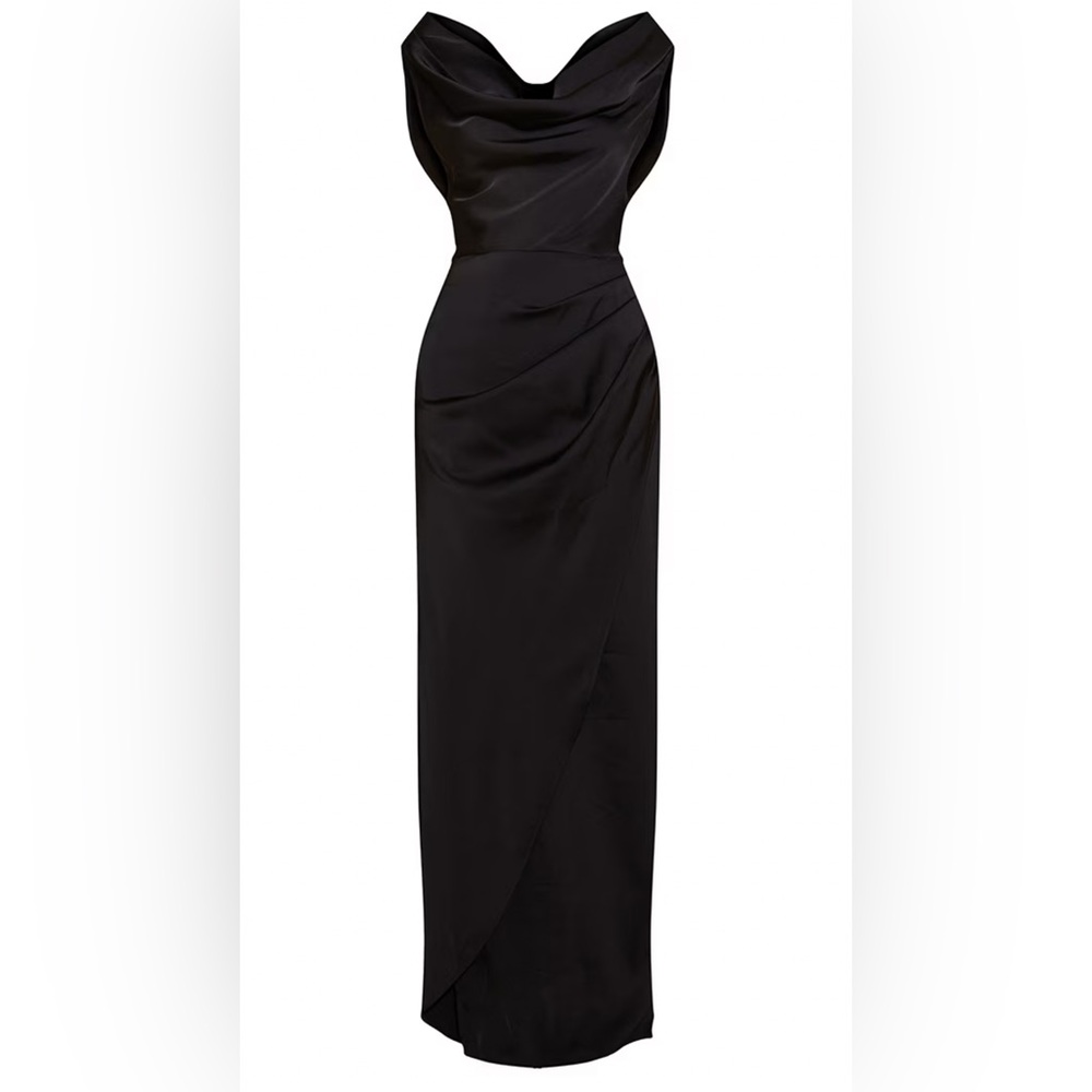 BNWT black satin cowl neck draped maxi dress